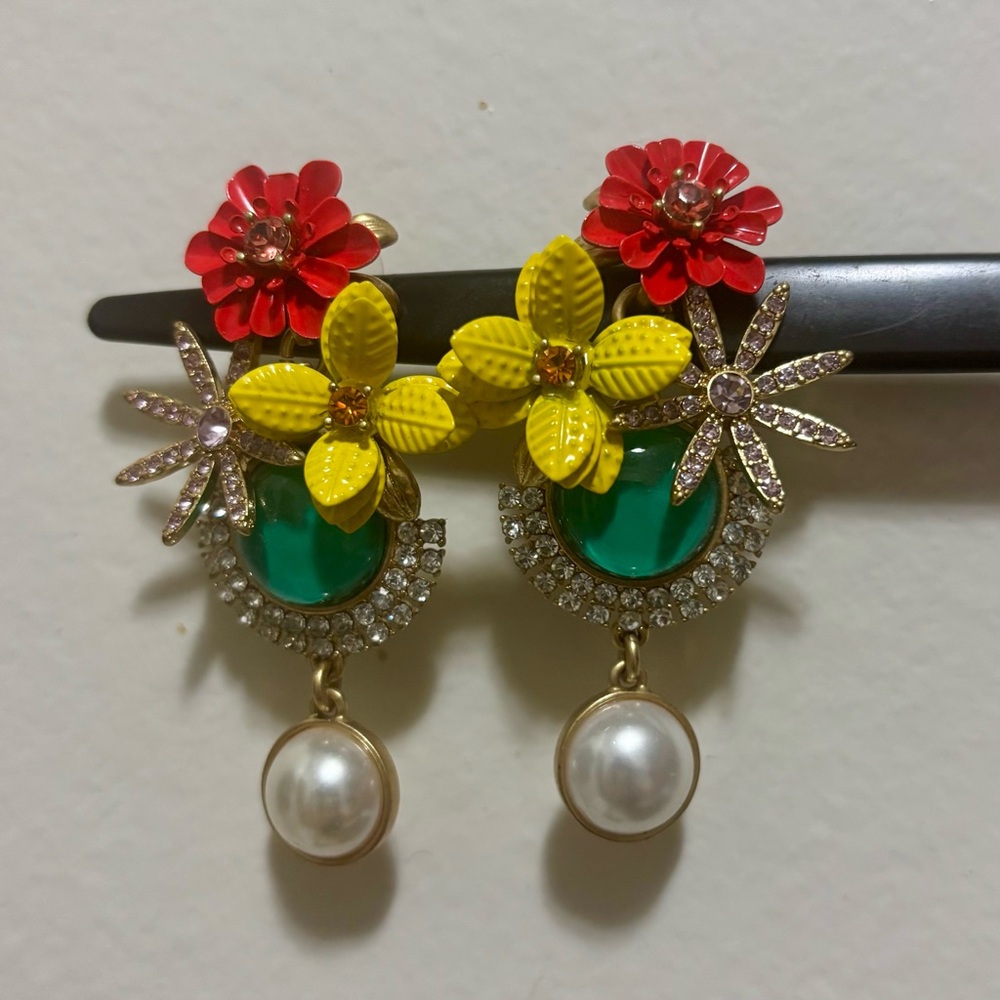 J Crew Floral Pearl Drop Statement Earrings